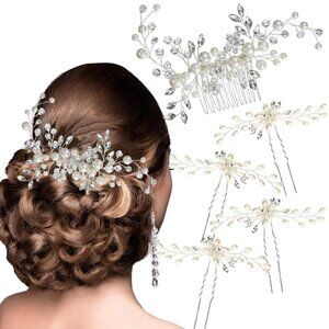 🆕Women Silver Hair Comb and 4 Pins Bridal Pearl Crystal Wedding Hair Comb